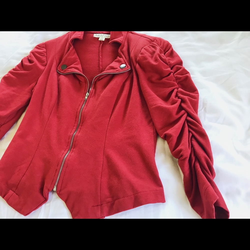 Vintage 90s STUDIO PETITE Red zippered blazer unique puffy ruched padded sleeves